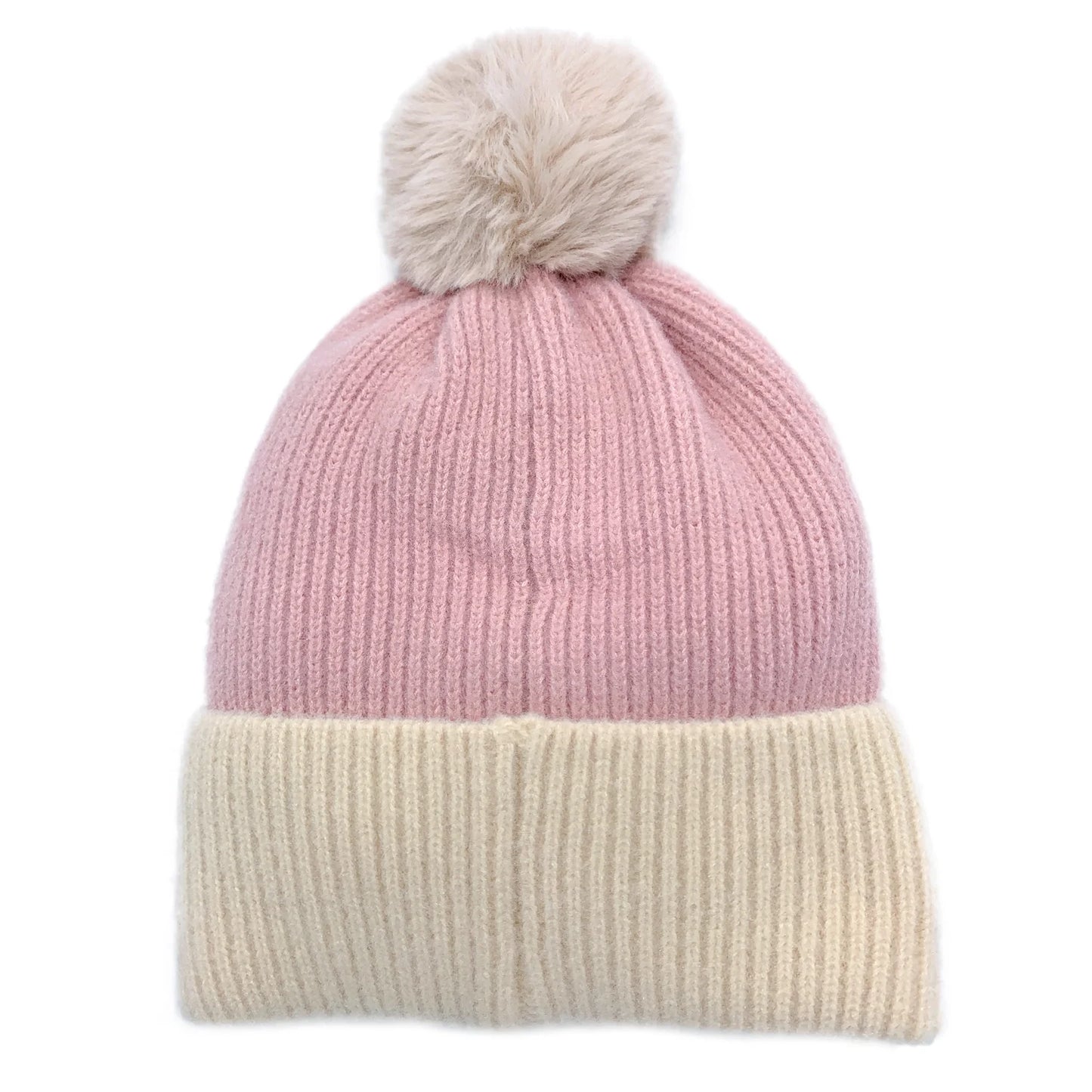 Winter Ribbed Knit Beanie with Faux Fur Pom Pom Hats Gifts for Her