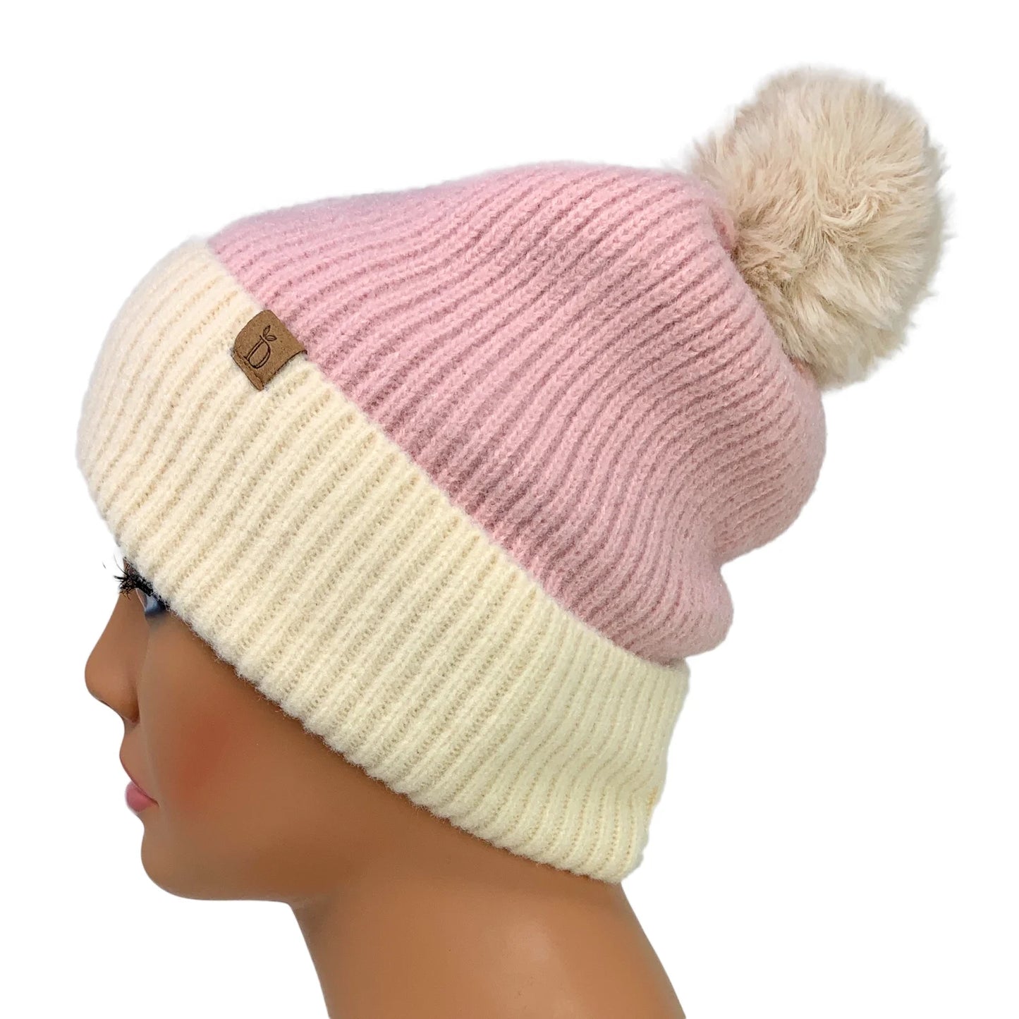 Winter Ribbed Knit Beanie with Faux Fur Pom Pom Hats Gifts for Her