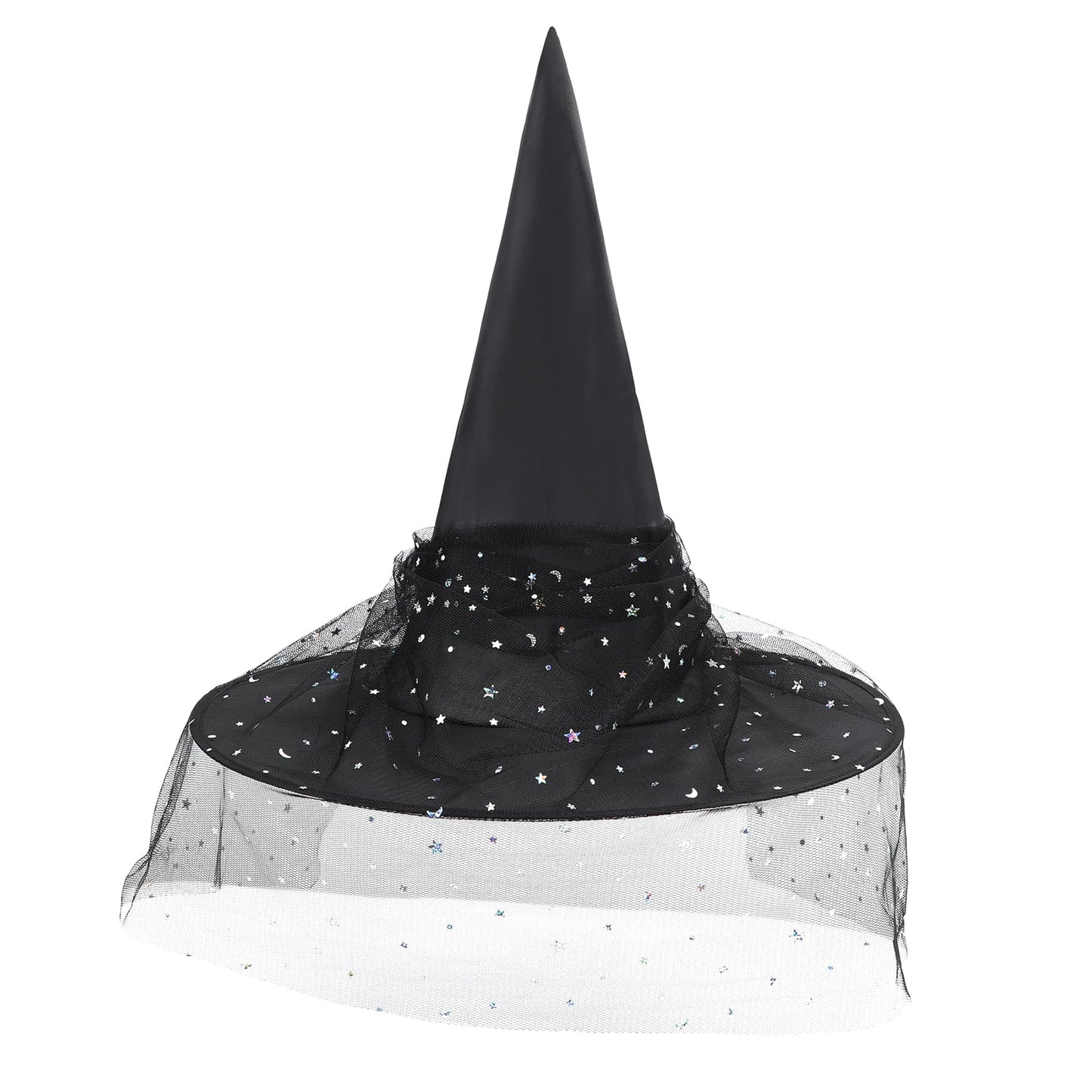 Black Witch Hat with Veil Wide Brim Wizard Hats Foldable Pointed Witches Hats
