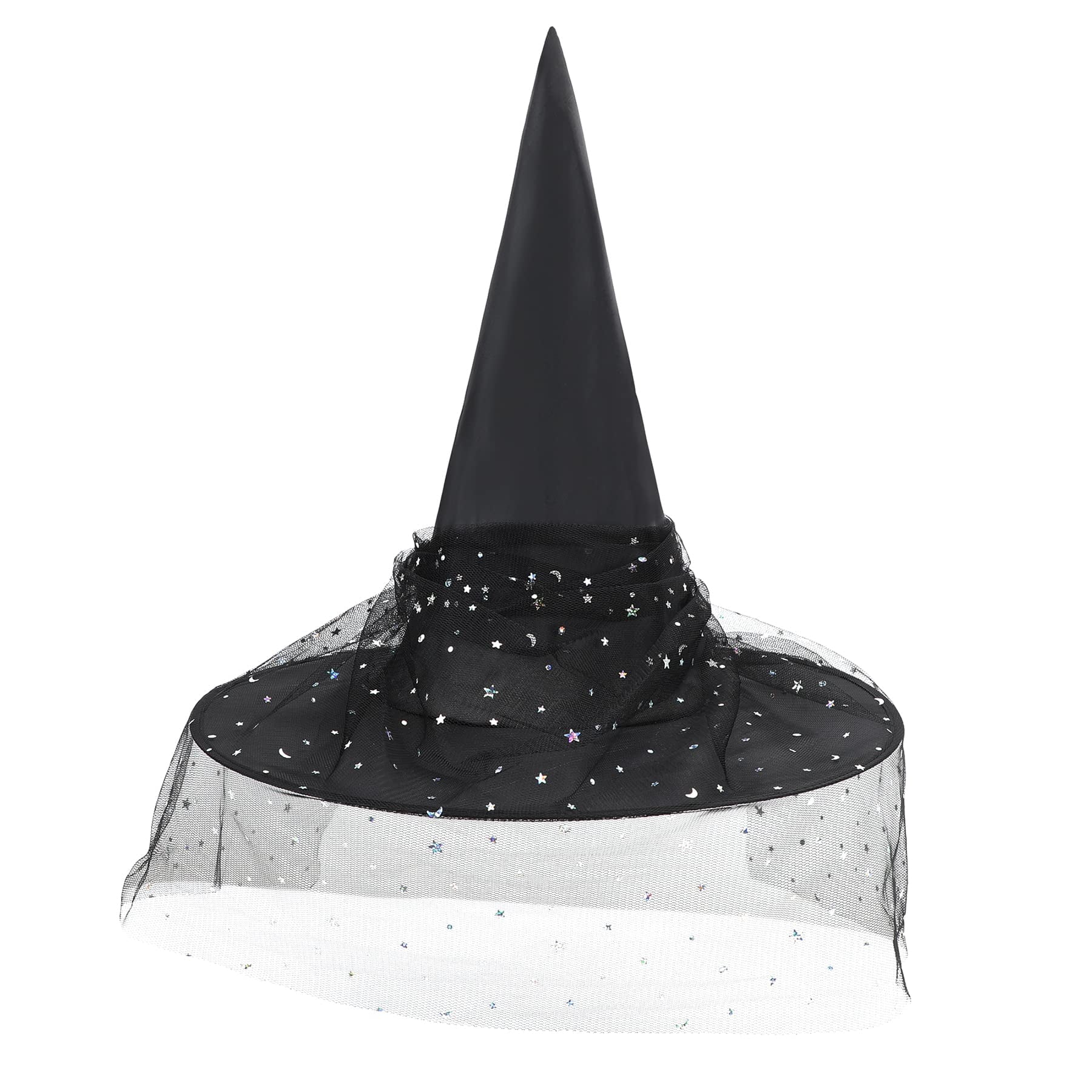 Black Witch Hat with Veil Wide Brim Wizard Hats Foldable Pointed Witches Hats
