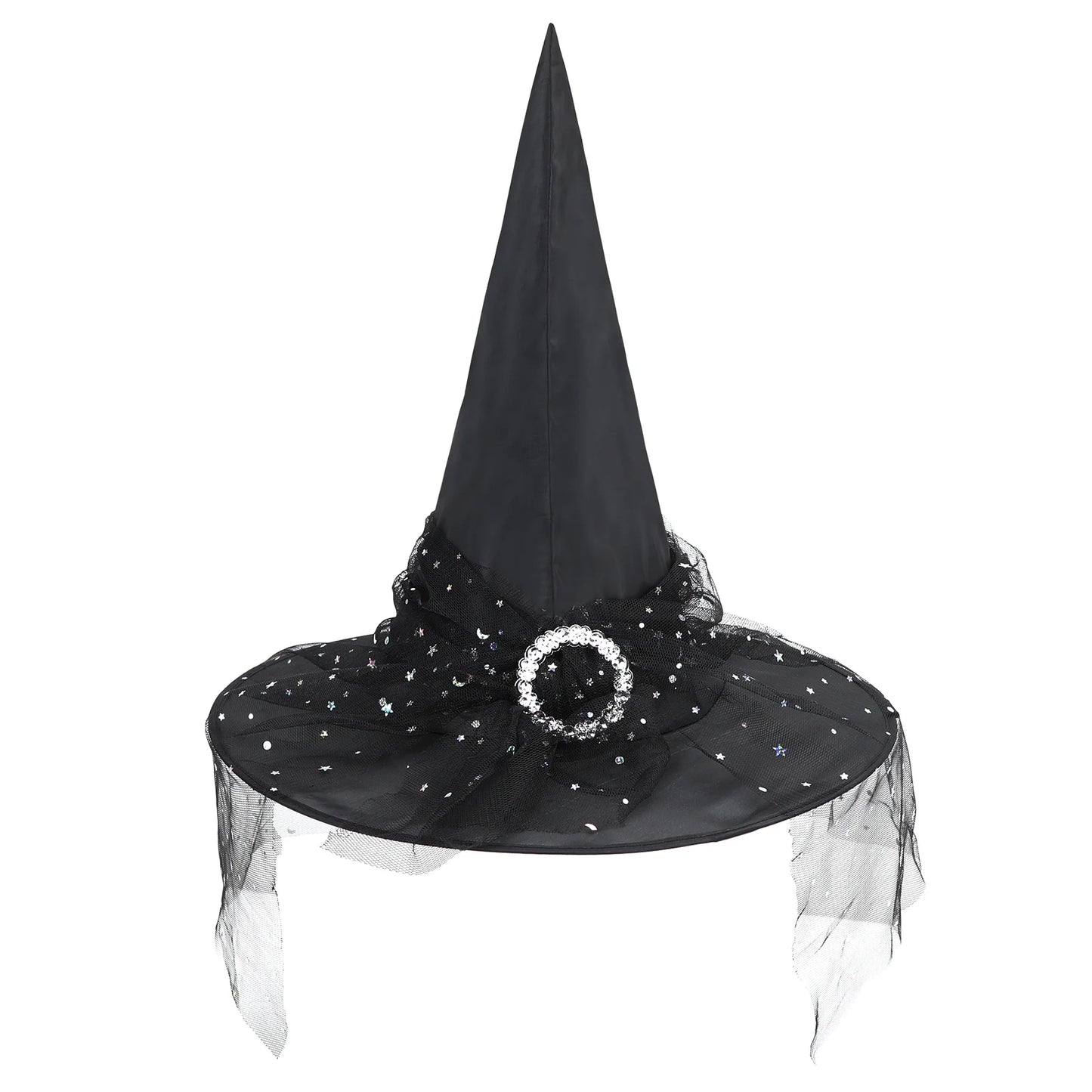 Black Witch Hat with Veil Wide Brim Wizard Hats Foldable Pointed Witches Hats