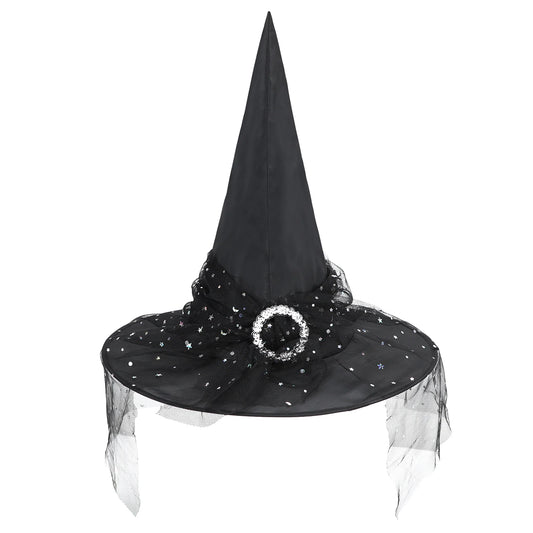 Black Witch Hat with Veil Wide Brim Wizard Hats Foldable Pointed Witches Hats