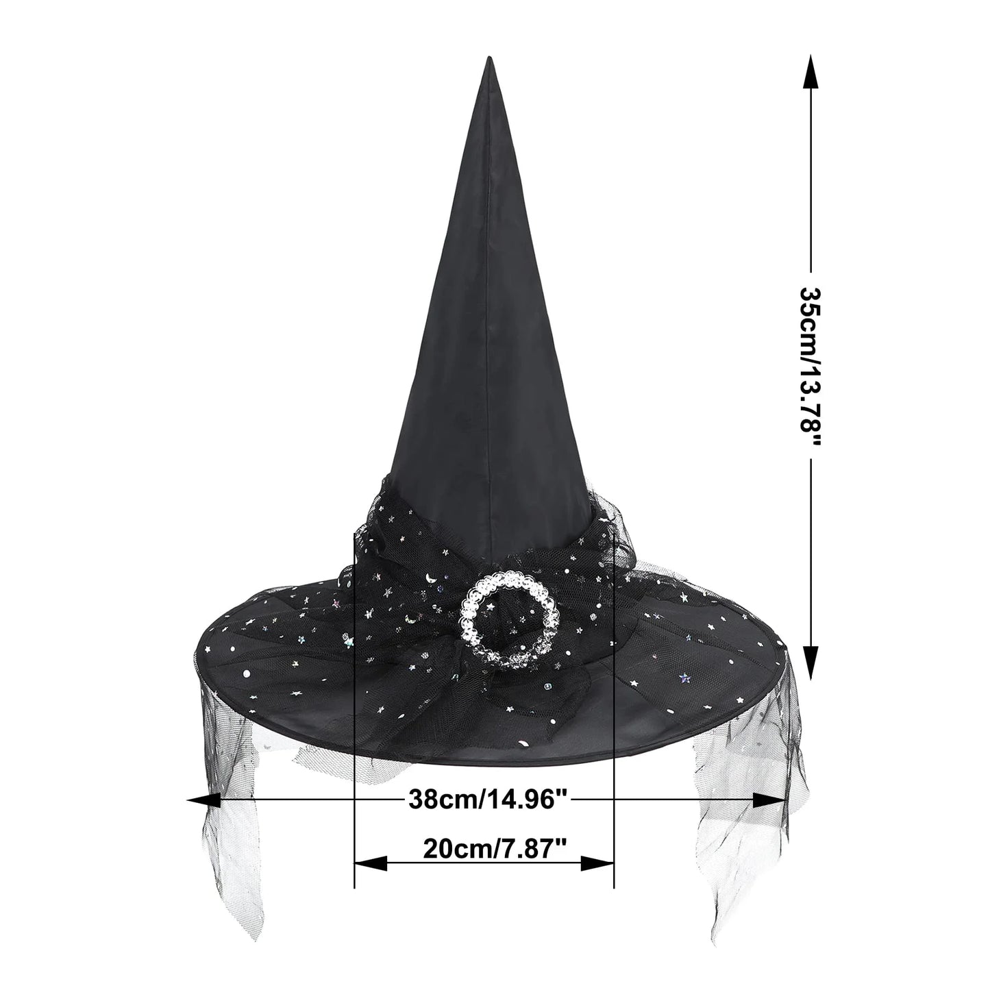 Black Witch Hat with Veil Wide Brim Wizard Hats Foldable Pointed Witches Hats