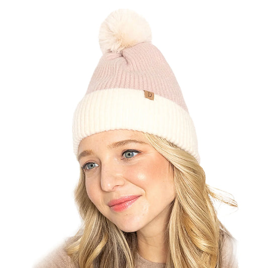 Winter Ribbed Knit Beanie with Faux Fur Pom Pom Hats Gifts for Her