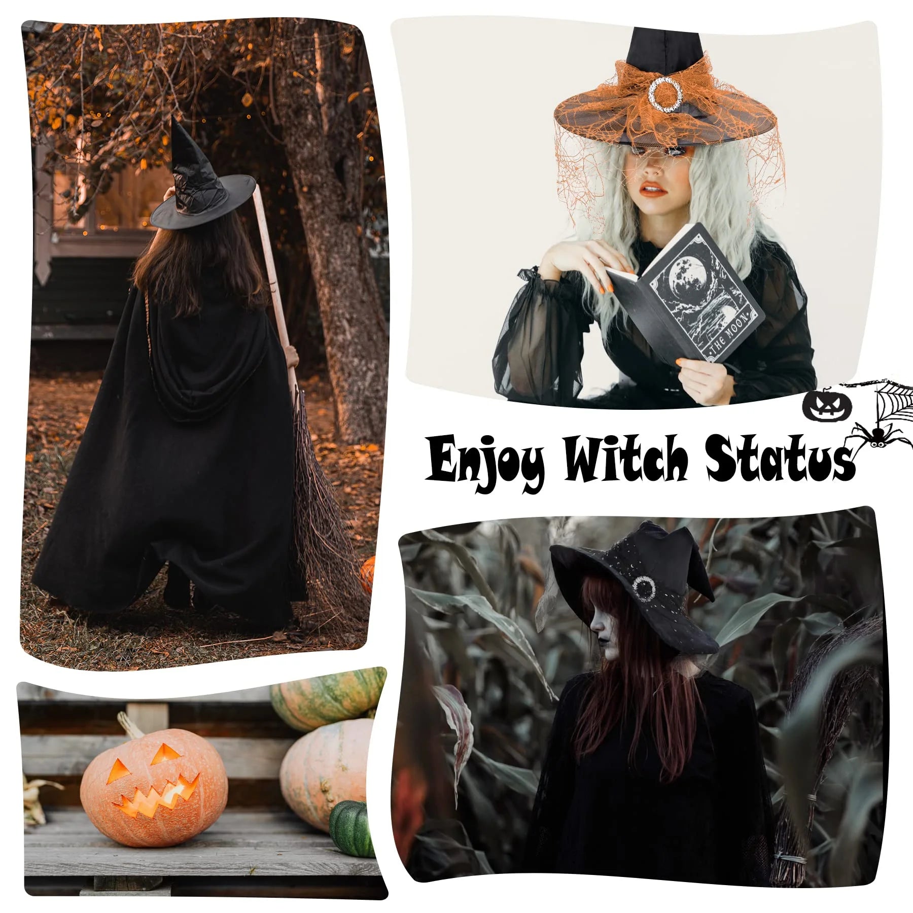 Black Witch Hat with Veil Wide Brim Wizard Hats Foldable Pointed Witches Hats