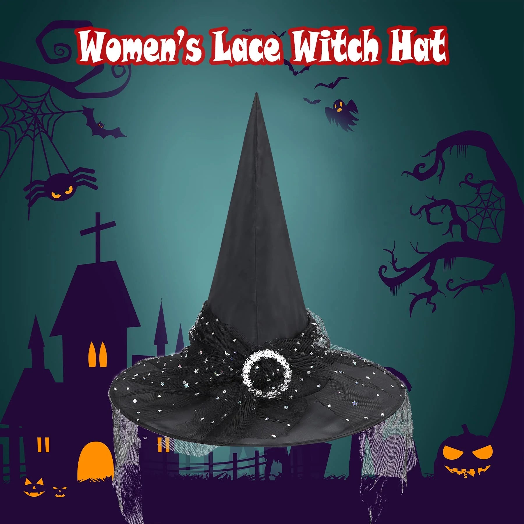 Black Witch Hat with Veil Wide Brim Wizard Hats Foldable Pointed Witches Hats