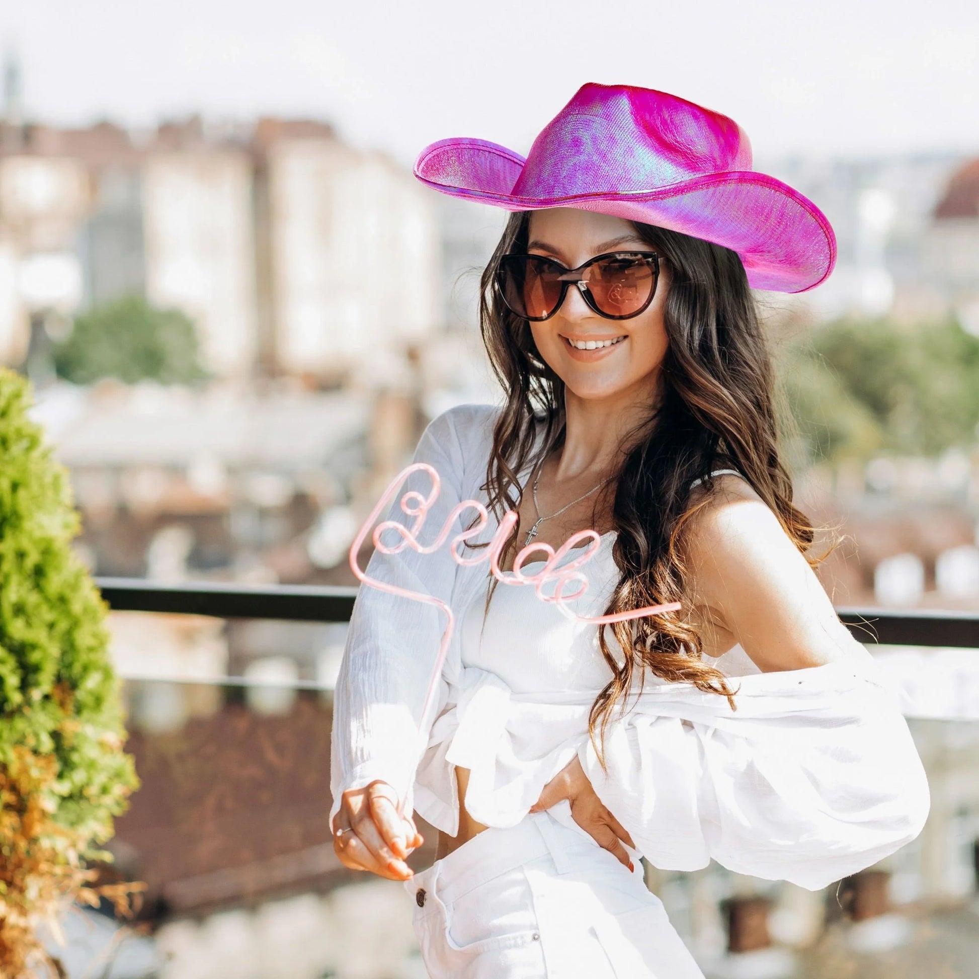 Pink Cowboy Hat - Sparkly Metallic Cowgirl Hat for Costume, Dress up Birthday, Bachelorette Party Accessories (Adult Size, Hot Pink)