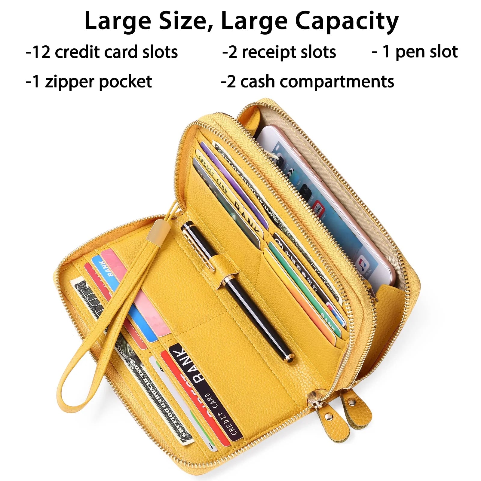 Women Wallet RFID Blocking Zip around Credit Card Holder Phone Clutch, Leather