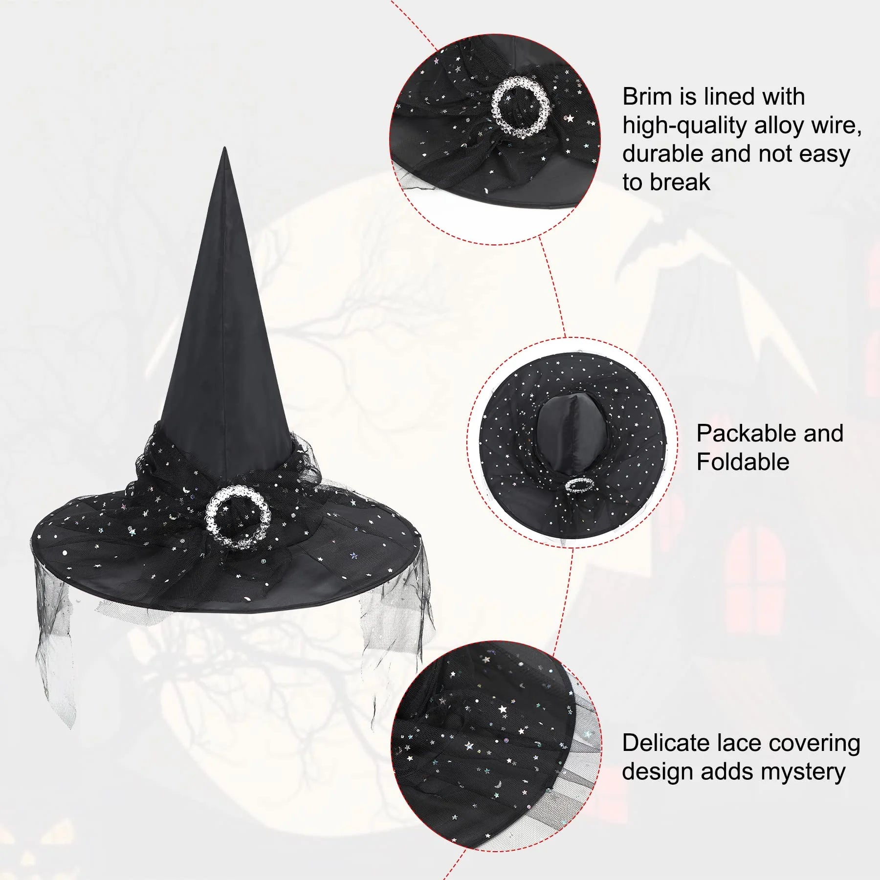 Black Witch Hat with Veil Wide Brim Wizard Hats Foldable Pointed Witches Hats