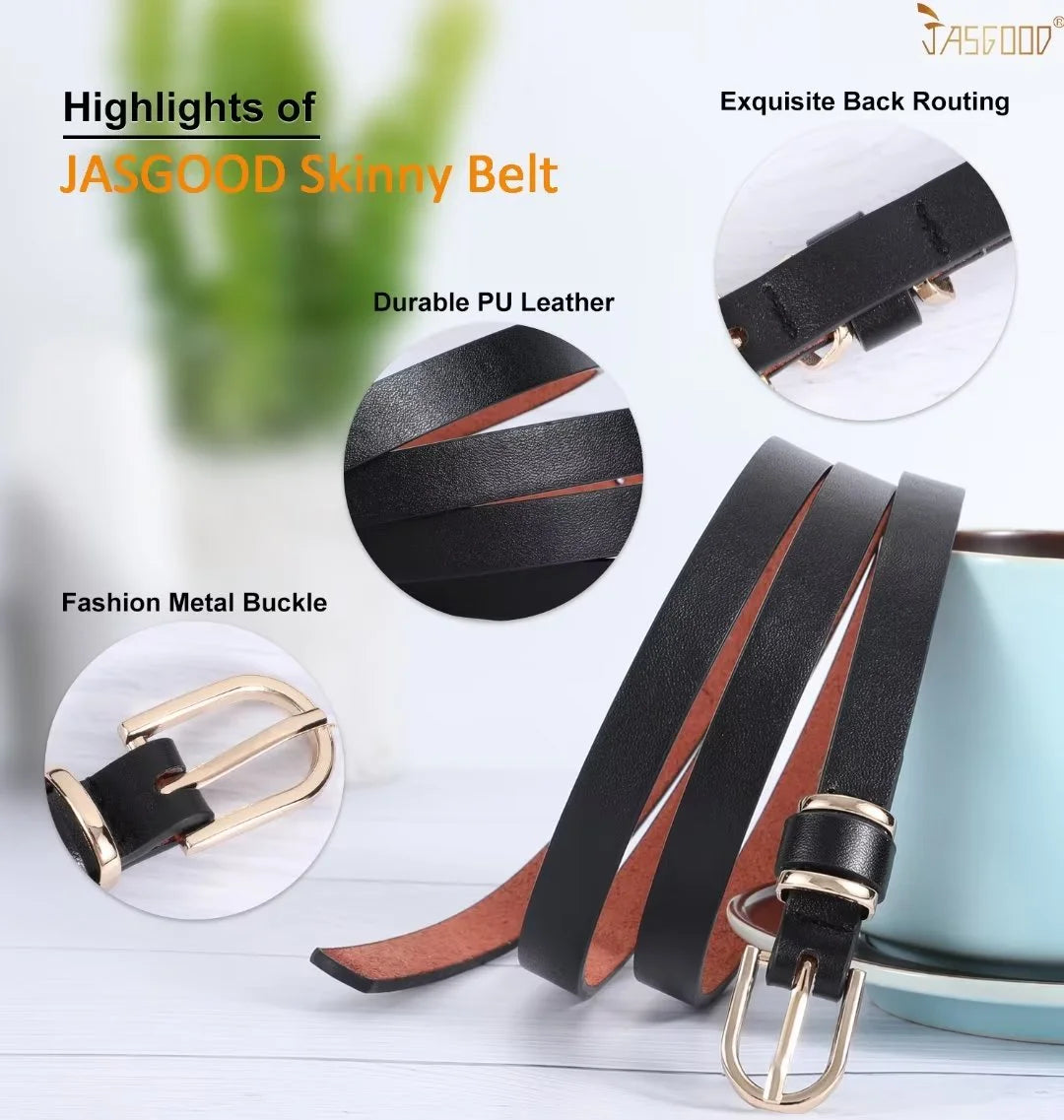 2 Pack plus Size Belts Woman Skinny Leather Belt for Jeans Pants Dresses